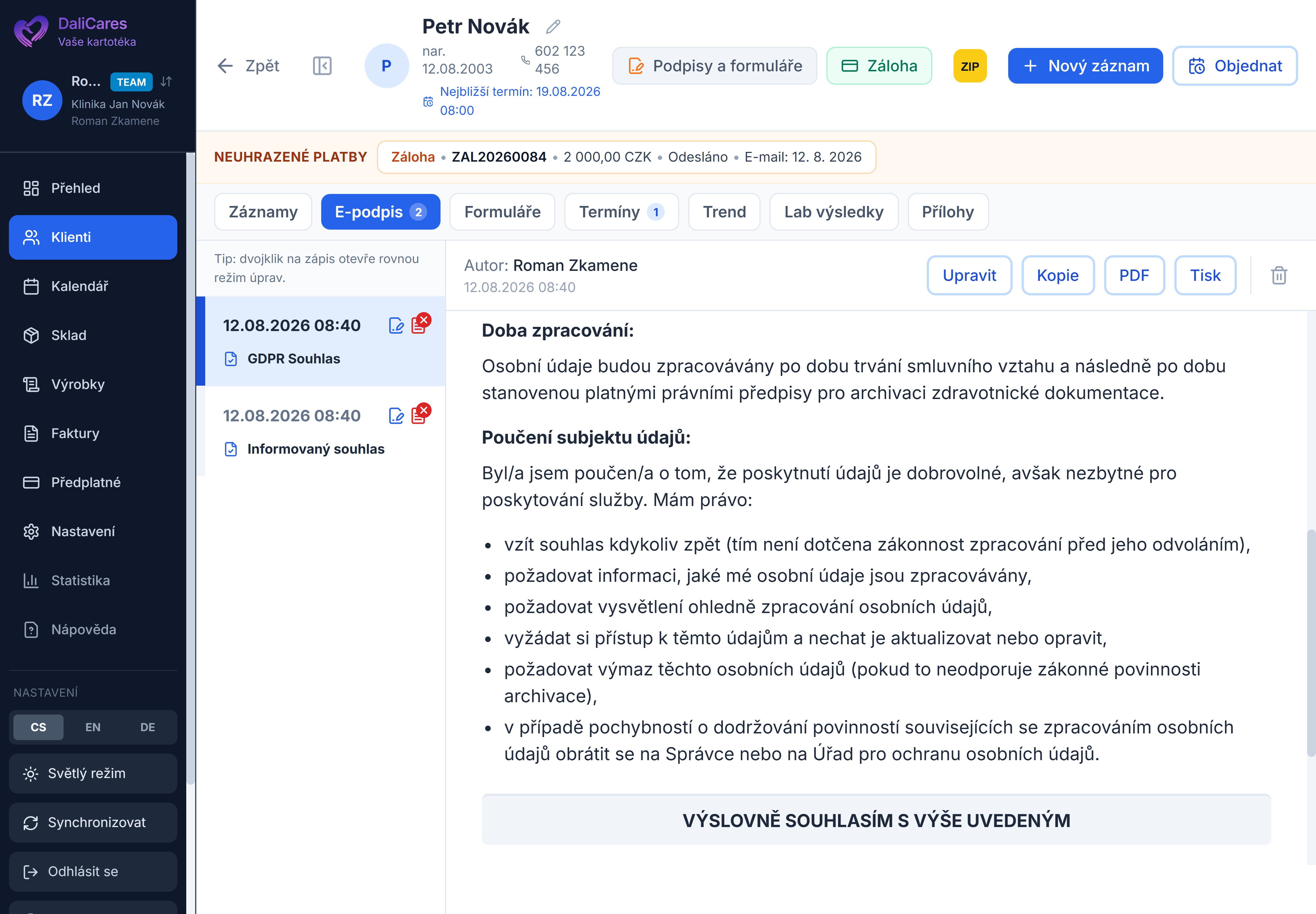 Podepsané dokumenty automaticky uložené na kartě klienta v DaliCares